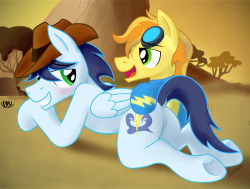 braeburn-corner:  echorelic:  There’s not enough SoarBurn love in the world, dotcha’ think? I mean, LOOK at them- they’re so cuuuute~  Soarin’s wonderbolt uniform is very form fitting.  &lt;3