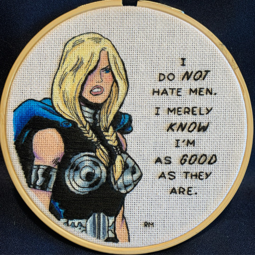 embroid-away:   from The Defenders (1972) #04 by Steve Englehart and Sal BuscemaValkyrie says, “It’s Equality!” — giveaway commission for @spyderqueenCreated on a 5″ diameter bamboo hoop with 22-count aida cloth, embroidery floss, and watercolors.