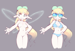 annueart:  Fairy oc Ami reference! With color! w bikini just ‘cause.It’s almost december and i’m drawing swimsuits.Extra details;  She’s got a normal-people-sized hair tie pulling all her hair into a big ponytail.Wings are optional and mostly