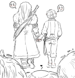 ladynorthstar:  Bifur, Bombur and Ori catch a glimpse of their majestic leader and their beloved bulgar holding hands… not so good at hiding, aren’t you? 