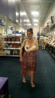 flashinginstores:  What happens when the wife gets bored of your shopping for new speakers?  She tries to get your attention however she can. Walking through the store with one tit out is a good plan. Sure she is flashing the other shoppers, but it is