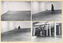 fruit-flies:  In January 1972, Acconci staged one of the decade’s most notorious performance art pieces at the Sonnabend Gallery in SoHo. Gallery visitors entered to find the space empty except for a low wood ramp. Hidden below the ramp, out of sight,