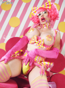 girdleluv: taraemory: “Saccharine Stupid”,my long awaited re-do of the “Artificially Flavored” outfit.  And after this, i swear I will hang up this pink puffs clown hairstyle.The full set went up today on http://www.taraemory.com with a pre-release