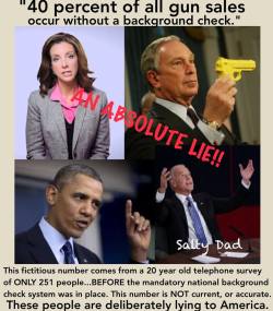 gop-tea-pub:THE 40 PERCENT LIE. The “40 percent of all gun sales occur without a background check”  claim is an utter lie. Bloomberg, Watts, and Obama all know it is a lie,  but are counting on the general public’s stupidity. Where does that number