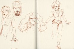adoggoart: high-res sketch dump scan from yesterday’s early morning Inktober work.  Character’s are: ★ OC and main character for a thing I’m doing with @geofront-inhabitant ★ Sailor Pellegrino with wavy hair ★ Random not-Yas cyberpunk babe