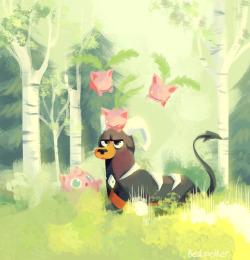 bedupolker: Ah, dark types… so mysterious, so cunning, so ferocious, so easily subjugated by tiny pink creatures (I know hoppip aren’t fairy type but the cutiefly I was gonna draw didn’t pop against the background :/ ) 
