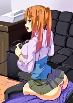 onii-chan-temptations:  “Come on, this is torture. You’ll only give me your cock unless I beat this really hard level? You’re such a masochist you know. Having to sit on your rock hard cock twitching against my pussy is killing me. You clearly wanna