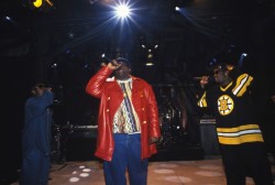 New Yortk, NY- 1997: (left to right) Lil&rsquo; Cease, Notorious B.I.G and Puffy during a performance at the Jon Stewart Show. Puffy used to join Biggie on stage and ad lib along with Biggie. If it wasn&rsquo;t for Biggie&rsquo;s endorsement of, his then