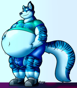 snozzymon:   A very BLUE commission I did for Samusaran241.  Troika just got done raiding a buffet, and it’s pretty clear he ate  more than he intended to! Oh well, I’m sure a trip to gym will set  things right again, maybe even help him bulk up some