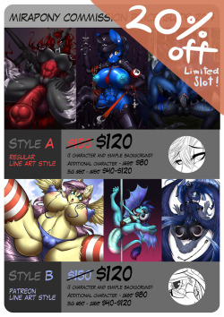 Limited slot offer! Commission 20% off  Hello! I open more special offer commission with 20% off!Number of slot left : &ldquo;1&rdquo;The slot can not be reserve. This slot will belong to who send the full payment first.If you&rsquo;re interesting please