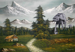archiemcphee:  London, Ontario-based artist Dave Vancook turns previously unremarkable thrift store paintings into geektastic through the careful addition of characters and vehicles from Star Wars. A cheesy bullfighter becomes Boba Fett on an awesome