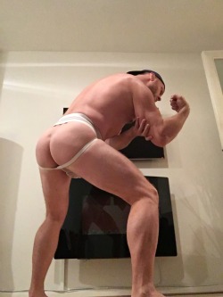 straightmanaddiction:  A rare submission of straightmanaddiction himself; jockstrap flexing in my white Bike Jockstrap after lifts. 