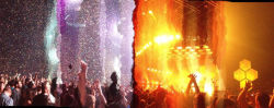 captainiheart: stunningpicture:  I took a panoramic photo at a concert and lights changed in the middle of it. This is the result  this literally looks like heaven and hell colliding 
