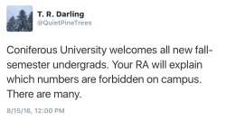 quietpinetrees:“Coniferous University welcomes all new fall-semester undergrads. Your RA will explain which numbers are forbidden on campus. There are many.  A temporal advisor will ensure your courses aren’t taught by your future self. Paradoxical