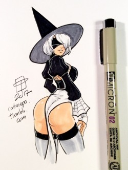 callmepo: Bonus Witchtober tiny doodle - Yorha 2b reconfigured for Halloween mode.   [Come visit my Ko-fi and buy me a coffee markers!]    ;9