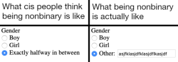 raavenb2619:[ID: A two panel meme. The first panel, labelled “What cis people think being nonbinary is like”, shows a web form asking the user to select their gender. The options are “Boy”, “Girl”, and “Exactly halfway in between”.