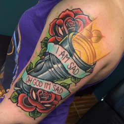 lapunkrockfille:  I am sad, oh god I’m sad. But when I’m happy, I am happy. There’s just no place in between for us to meet.  Done by Cody Dresser at Sparrow’s Tattoo Company, Mansfield Texas