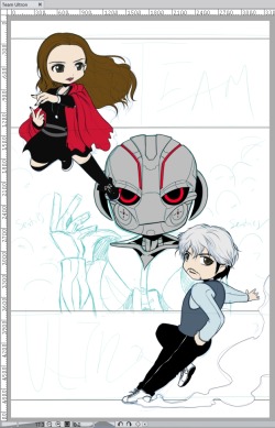 eikuuhyoart:  Got both the Maximoff twins inked and basic colors laid down! Started to ink Ultron, but it’s already past midnight and I’ve got work tomorrow… Gonna have to just keep working on him tomorrow. Once the inking’s done, I can finally