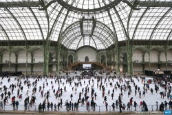 afp-photo:   FRANCE, Paris : A view taken on December 14, 2014 in Paris shows the skating rink hosted in the glass-roofed central hall of the Grand Palais. AFP PHOTO / THOMAS SAMSON 