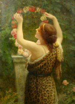 artbeautypaintings:  Woman with a floral wreath in a leopard dress - Charles Edward Perugini