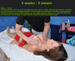 teaseanddenialcaptions:  5 weeks - 5 senses  Week 1 - Touch: The first week he won’t be very frustrated yet, so you have to really make him feel what he’s missing. Let him give you a nice massage everyday. Let him touch you whereever he wants to