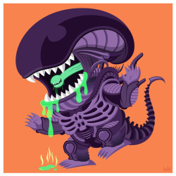 xombiedirge:  Xenomorph, Facehugger &amp; Chesbuster by Megan Kelly 5” X 5” S/N prints, available HERE. Part of the “Cute Enemies Art Show”, now open at Leanna Lin’s Wonderland until February 22nd, 2015. 