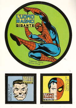 Italian Spider-Man stickers, from L'uomo Ragno Gigante (Marvel Comics, 1981). From a charity shop in Sherwood.