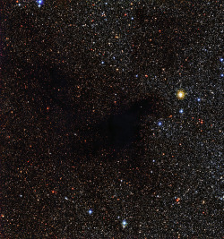 sci-universe:  This new image from European Southern Obervatory looks really cool, showing a dark void in the middle of all the stars. Even cooler is that it’s really a cloud filled up with gas and dust, and such regions are the birthplaces of future