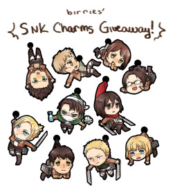 birries:  -Shingeki no Kyojin charms giveaway- These are Shingeki no Kyojin charms that I am selling on my storenvy. I decided to do a giveaway for an entire set! Winner gets: All 10 of the charms. Number of winners: 1Give away ends: Sunday September