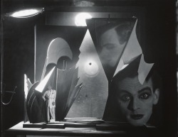 zzzze:Francis J. Bruguière untitled, 	[Sebastian Droste in “The Way” - multiple exposure, standing at lower left by abstract stage set, face superimposed in profile and full-face], ca. 1923-25 - New York  Gelatin silver print.