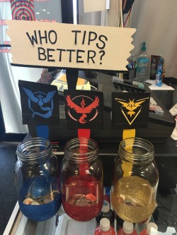 of-fire-and-fate:  dudeashley:  i made new tip jars at my job, team mystic is in the lead so far.  Okay, but that’s pretty smart. 