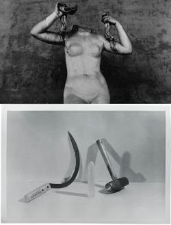 fette: Top, screen capture from La Jetée, directed by Chris Marker, 1962. Via. Bottom, photograph by Andy Warhol, Hammer &amp; Sickle with Vibrator, from Two Works, c. 1975, 12.7 x 18.1 cm. Via. – A melancholic subject can, in some cases, continue