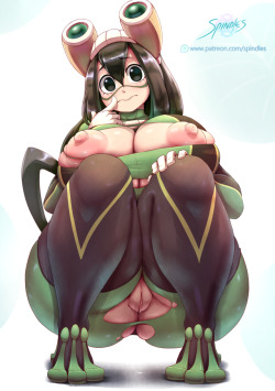 spindlesx:  Thick Tsuyu Asui (Froppy) - My Hero Academia  Tsuyu won the vote, so here’s another cutie grown way too big for her old hero suit~  Character is 18+  You know if you had her powers, it’d be unrealistic to expect a futa Tsu to fap any other