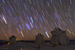 kenobi-wan-obi:   Orion Star Trails over Paranal Observatory  Colorful stars of constellation Orion, the Hunter, are rising in this time-exposure image from the European Southern Observatory on Cerro Paranal, Atacama Desert, Chile. Sirius, the brightest
