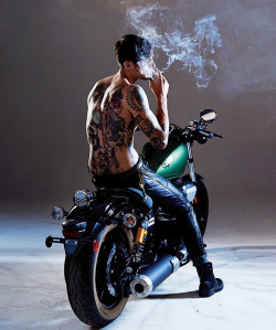 Shirtless, tattoo, smoking, motorbike…