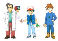 hirespokemon: Early color scheme and design for Prof. Oak, Ask Ketchum and Gary Oak.  Published in CoroCoro Comics in March, April and May 1997, this art continued to be re-published even after the anime premiered revealing their final designs.  Ash’s