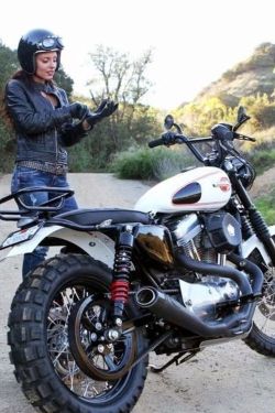motolady:  Feast your eyes on the Harley Davidson scrambler build by Burly Brand- can’t help but be a fan of the chunky dual sport tires, top rack, low profile seat and dirt bike bars. Oh, the ideas I’m getting…  Now, yes, a Sportster isn’t a