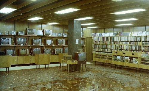 scavengedluxury:  Corvin Department store  electrical department, Blaha Lujza Square, Budapest, 1969. From the Budapest municipal photography company archive.   