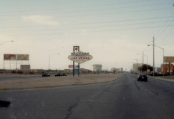 vintagelasvegas:  Arriving in Las Vegas on August 25th, 1985, by James D. Teresco from a vast collection of road sign photos. The hotel tower in the center is the Hacienda, now the site of Mandalay Bay.