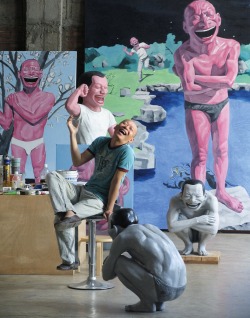 allsadnshit:  criwes:  Portrait of Yue Minjun in his studio in Beijing.  Wow this is so beautiful 