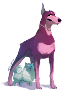metallikato:  MTMTE Pet AU: Doberman!Cyclonus and Pomeranian!Tailgate  I just wanted to draw Tailgate as a pom because this bot is tiny.    