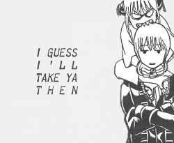 edwardelrics:  manga meme: (&frac14; OTPs) Kagura x Okita Sougo (Gintama)  I’ll give you a nice home where you can live a simple but quiet life with three meals a day. Behind bars, that is.  