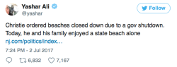 micdotcom:  Chris Christie and family photographed relaxing on beach he closed to the public in state shutdownOn Sunday, New Jersey Gov. Chris Christie was photographed enjoying a day with family and friends at his home in Island Beach State Park.The