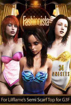  &ldquo;Fashionista&rdquo;  is a brand new Materials Preset pack for Lilflame&rsquo;s Semi Scarf Top For  G3F, with this pack you&rsquo;ll get 34 brand new Festive Material Presets for  the Semi Scarf Top (17 designs in two styles each) Ready for Daz