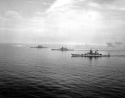 sailnavy: USS Iowa (BB-61) (foreground), USS Wisconsin (BB-64), USS Missouri (BB-63), and USS New Jersey (BB-62) (background) off the Virginia Capes, Virginia, United States, 7 Jun 1954