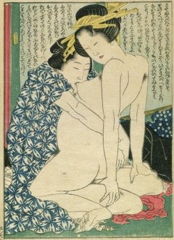homosexualityandcivilization:  A shunga from Manpoku Wago-Jin. Colour woodblock by Katsushika Hokusai, c.1821. 