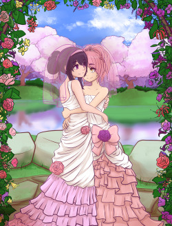 caffeccino:Madohomu Marriagecelebrating true love between them~  But wait until the wedding night! / v \ This was the most involved and difficult thing I’ve ever drawn @ v @ and I’m super pleased with it! Madoka’s dress is based off of the official