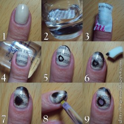 firelordwael:  glitterfingerlexa:  TUTORIAL | Burned Paper Nails 1. Paint your nails with a light nude polish, wait until it’s completely dries. 2. Put a piece of newspaper in alcohol, and wait 15-20 sec. 3.Place the wet paper onto your nails, push