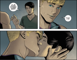 in-the-glory:   Hulkling and Wiccan, in ChelseaK-I-S-S-I-N-G  From Young Avengers #1 by Gillen and McKelvie.