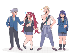 tremblefox:  the popular kids the flirt, the tsundere, the weird guy that names his pencils, and the straight laced princess theyre waiting at a stop light or train station 